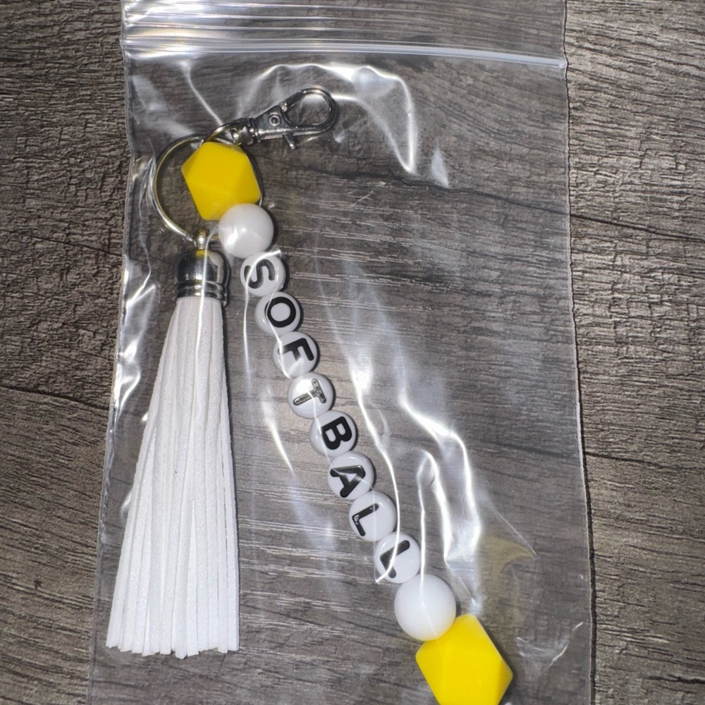 Yellow and White Softball Keychain with Tassel